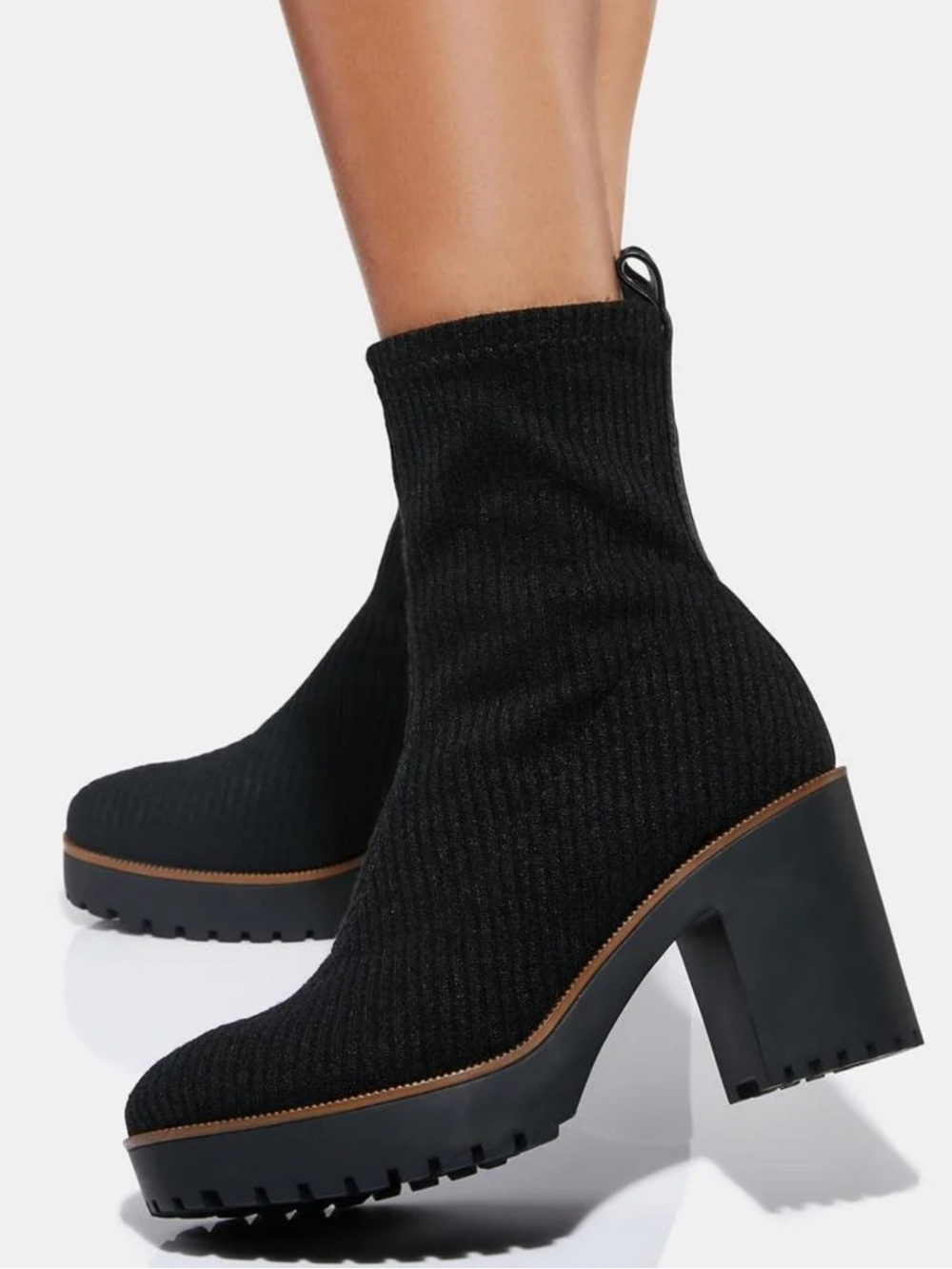 Chinese Laundry Garvey Black Knit Lug-Sole Block Heel Ankle Boots Size 10